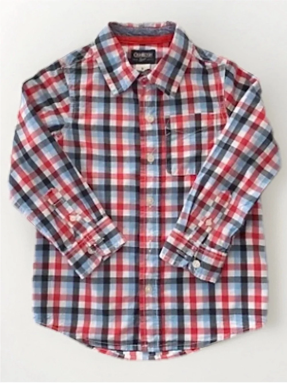 OshKosh B'gosh Red Blue White Plaid Button Down Shirt Long Sleeves Preppy Size 5